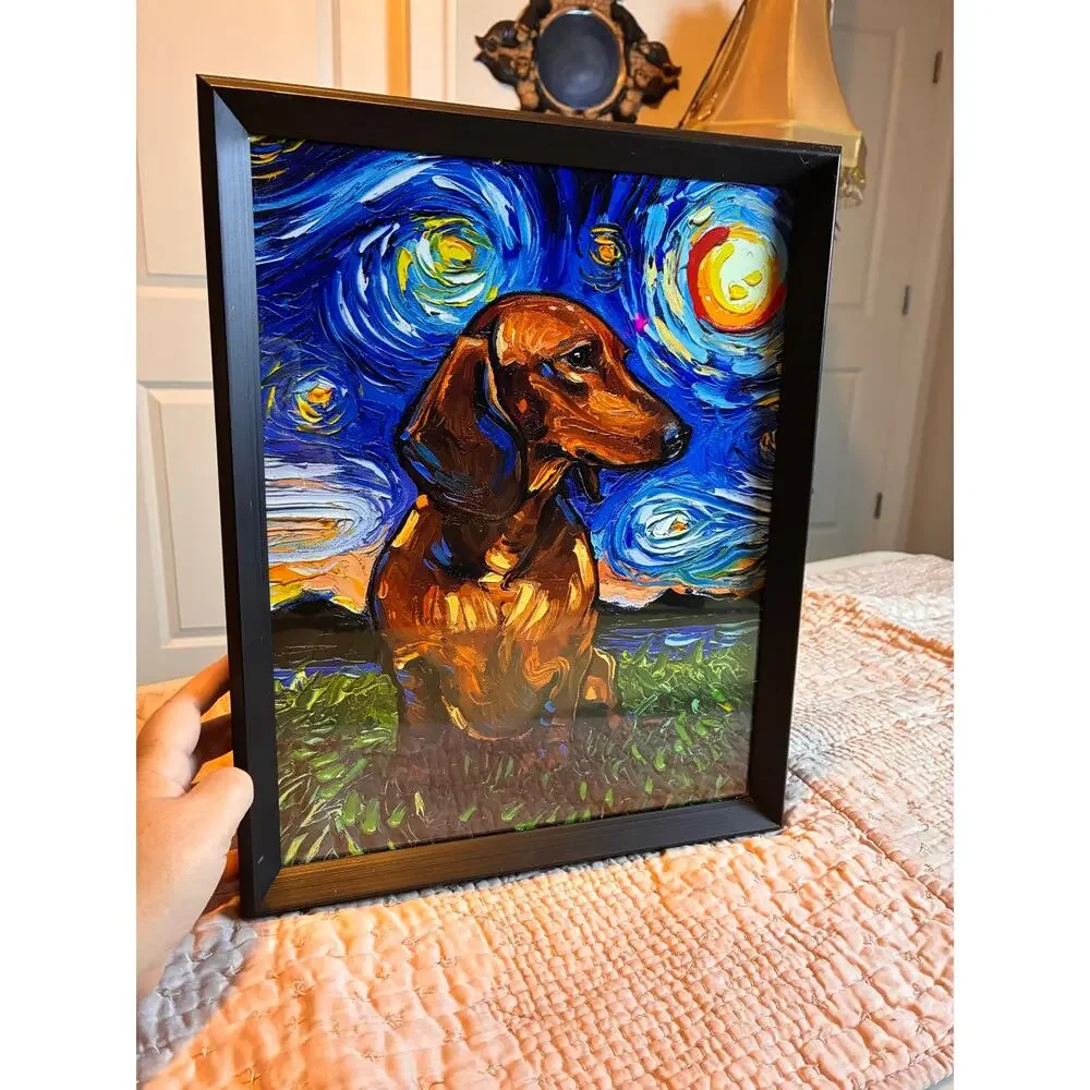 Dachshund Starry Night Van Gogh Style Framed Dog Wall Art 12x15 Doxie